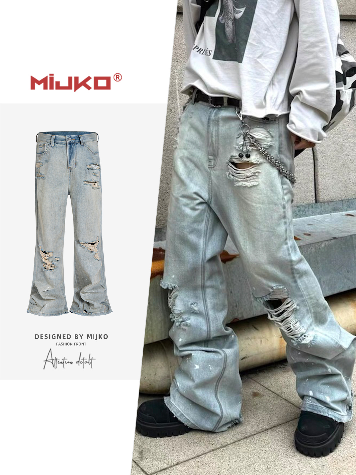 Men Shoes Jeans - MIJKO Рваные джинсы унисекс, расклешенные широкие